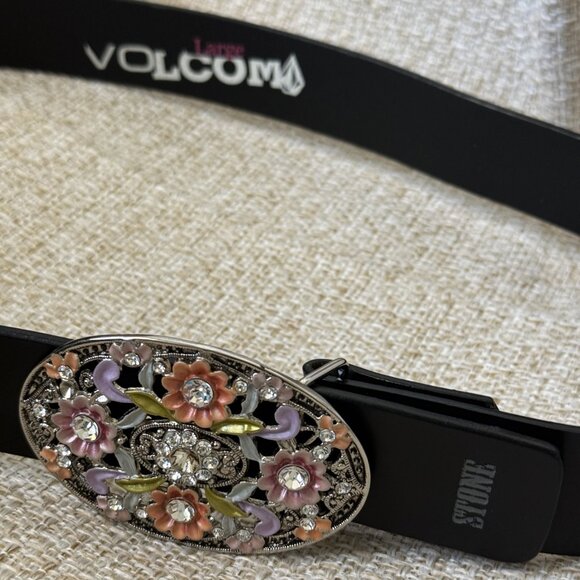 Volcom Large Belt Women's Dark Brown Leather XL Multicolor Floral Enamel Crystal - Picture 10 of 12